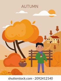 Boy in autumn. Stylish poster, banner or background. Seasons and changes in nature. September, October and November. Character harvesting mushroom in basket. Cartoon flat vector illustration