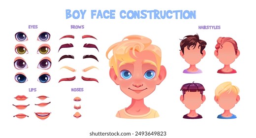 Kit de construcción de avatar para niño con diferentes ojos y narices, labios y cejas, cortes de pelo y color de pelo. Conjunto de Vector de dibujos animados de Elementos de generador de bricolaje cara de niño. Constructor de retrato de carácter secundario.