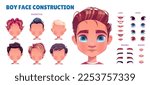 Boy avatar construction set. Child face creation with head parts, eyes, lips with different emotions, noses, hairstyles, brows isolated on white background, vector cartoon set