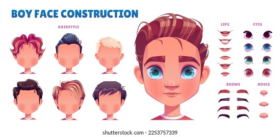 Boy avatar construction set. Child face creation with head parts, eyes, lips with different emotions, noses, hairstyles, brows isolated on white background, vector cartoon set