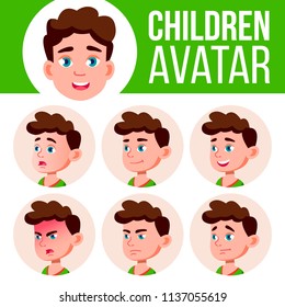 Boy Avatar Set Kid Vector. Primary School. Face Emotions. User, Character. Kids, Positive. Comic, Web. Cartoon Head Illustration