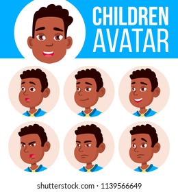 Boy Avatar Set Kid Vector. Afro American. Black. High School. Face Emotions. Flat, Portrait. Cute, Comic, Web. Cartoon Head Illustration
