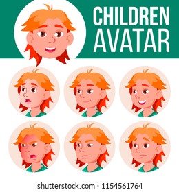 Boy Avatar Set Kid Vector. High School. Face Emotions. Children. Beautiful, Funny. Cartoon Head Illustration