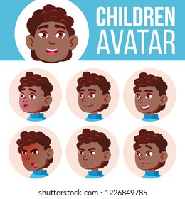 Boy Avatar Set Kid Vector. Black. Afro American. High School. Face Emotions. School Student. Kiddy, Birth. Cartoon Head Illustration
