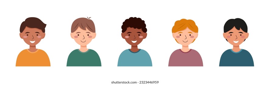 Boy avatars in the flat style on white background. Portraits of boys.