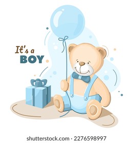 It is a boy. Baby bear and a blue helium balloon. Vector illustration for cards, children's albums, gender party for a boy