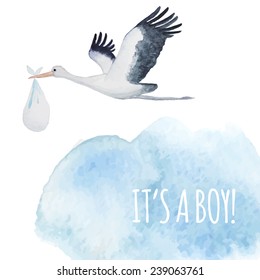 It's a boy baby card. Watercolor hand drawn illustration: stork with baby in cloudly sky.