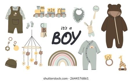 Its boy. Baby clothes and toys. Pastel newborn bodysuit, hat and pants. Baby and toddler clothing, natural cotton. Cute rattle, wooden rainbow and cubes vector cartoon isolated illustration
