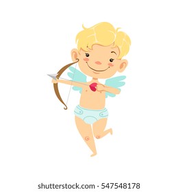 Boy Baby Cupid With Bow And Arrow, Winged Toddler In Diaper Adorable Love Symbol Cartoon Character
