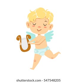 Boy Baby Cupid With Lira, Winged Toddler In Diaper Adorable Love Symbol Cartoon Character