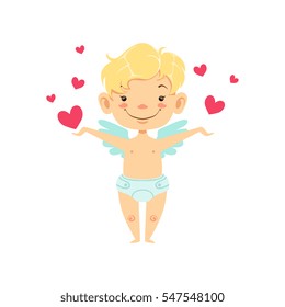 Boy Baby Cupid Surrounded With Hearts, Winged Toddler In Diaper Adorable Love Symbol Cartoon Character