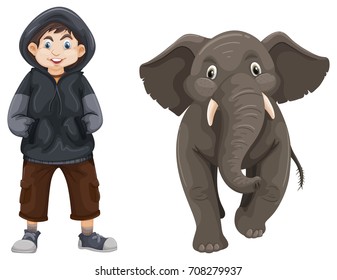 Boy and baby elephant illustration