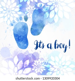 It's a boy! Baby gender reveal concept illustration. Watercolor footprints. Abstract floral background. Blue colored.