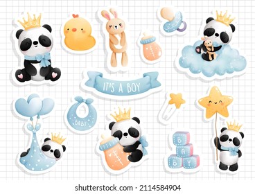 It's A Boy, Baby Panda Sticker, Scrapbook. Vector Illustration