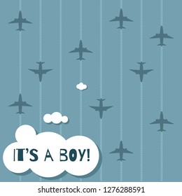 It's A Boy Baby Showe Card With Airplanes, Clouds