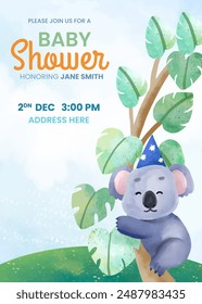 A boy baby shower adorned with a whimsical koala on a tree theme, featuring cute koala decorations, eucalyptus greenery, and playful touches of blue, creating a charming and joyful atmosphere.