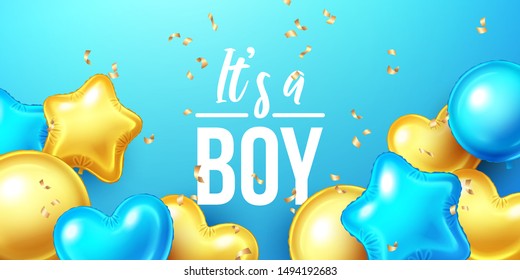 It's a Boy, Baby Shower Birthday background with colorful balloons and falling confetti. Vector illustration.