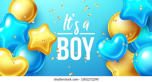 It's a Boy, Baby Shower Birthday background with colorful balloons and falling confetti. 
Vector illustration.