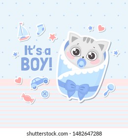 It's a boy baby shower card with cute cartoon cat. New born baby boy greeting card. Vector illustration