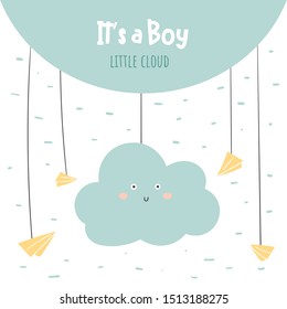 It's a boy baby shower card, postcard, poster for birthday with  cloud, paper planes, sky. Cute illustration for new born child