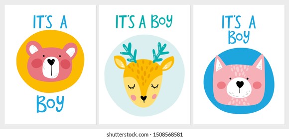 Its a boy. Baby shower card. Set of  baby shower posters. Cards with cute animals and hand drawn lettering. baby shower, bridal, birthday. Vector