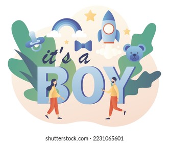 It's a Boy. Baby shower celebration. Gender reveal party. Modern flat cartoon style. Vector illustration on white background
