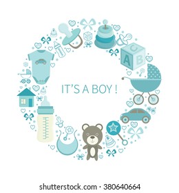 Boy. Baby shower. Child. Baby. Cute vector illustration with different hand- drawn  baby goods.
