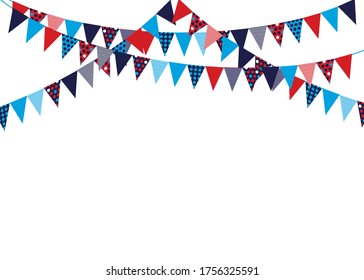 It's a boy baby shower concept with red and blue pennants hanging above. Vector illustration. Party invitation with carnival flag garlands with some copy space for your text.