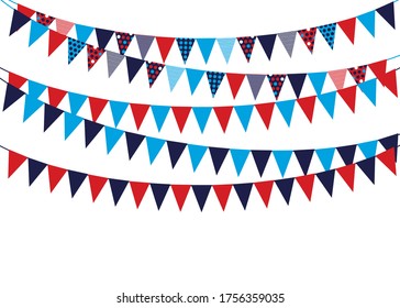 It's a boy baby shower concept with red and blue pennants hanging above. Vector illustration. Party invitation with carnival flag garlands with some copy space for your text.