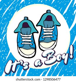 Boy baby shower congratulations vector postcard. Baby announcement in blue. It's a boy with children shoes in circle. Texture card, poster, invitation template for birthday party, baby boy arrival.