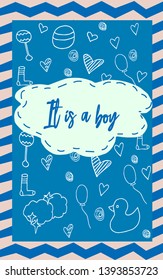 It's a boy! Baby shower cute vector illustration postcard.