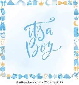 It's a boy baby shower frame with blue background and flat newborn illustrations, perfect for invitations, greeting cards and birth announcements