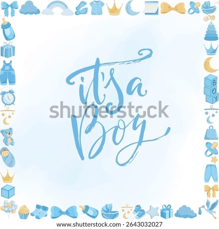 It's a boy baby shower frame with blue background and flat newborn illustrations, perfect for invitations, greeting cards and birth announcements