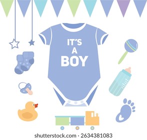 It's a Boy – Baby Shower or Gender Reveal Party Card with Blue Bodysuit and Cute Baby Items.
