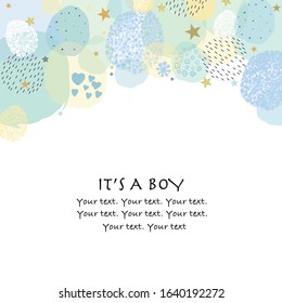 It's a boy. Baby shower greeting card with square, dots and stars greeting card. Baby first birthday, t-shirt, baby shower, baby gender reveal party design element vector