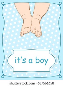 Its a boy - baby shower greeting card design for invitation with baby feet, Colored line art sketch on dots blue background, Hand drawn vector illustration