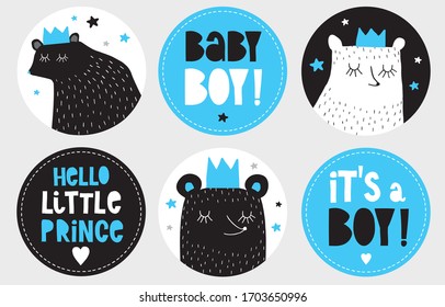 It's a Boy. Baby Shower Hand Drawn Decoration. Cute Dreamy Black Bear in a Blue Crown. Baby Boy Party Candy Bar Toppers. Hello Little Prince. Polar Bear in a Black Round Shape Frame. 