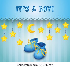 Boy baby shower invitation with kid shoes on blue background vector illustration