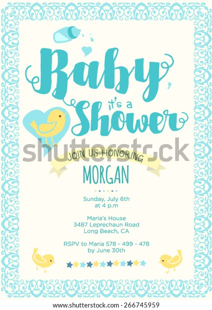 Boy baby shower invitation: layout and vector\
illustration with birds, calligraphic text, ribbons, ornaments,\
stars, text dividers and a beautiful lace frame. Colors: light\
blue, white and yellow. 