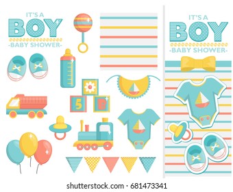 It is a boy baby shower items collection for party, event decoration. Design elements for cards and invitations and template. Blue colored baby clothes, toys for boys and other baby goods.