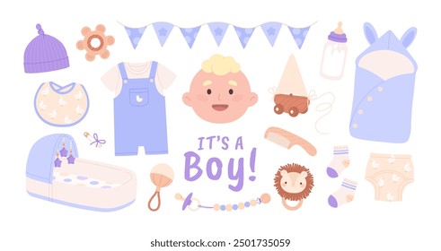 Boy baby shower. Newborn male accessories, toys and clothes. Bed pacifier banner with blue flags. Cartoon kid face, racy vector nursery elements