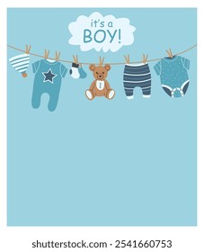 It's a boy. Baby shower party invitation. Invitation with children's clothes and toys hanging on a rope. Template for party invitation, poster, greeting card. 