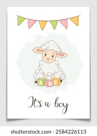 Its a boy baby shower postcard with hand drawn cute sheep, colorful abc blocks and party garland. Gender reveal greeting card for newborn male child. Farm animal character. Vector illustration.