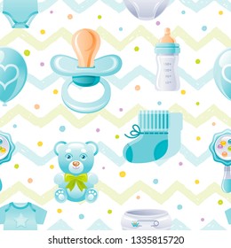 Boy baby shower seamless pattern. Cute cartoon wallpaper background whith kid icons - pacifier, bear toy, baby bottle, shoes. Isolated on white background with hand drawn blue zig zag & polka dot