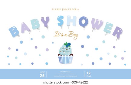 Boy baby shower template. Party invitation card with balloon letters, cupcake and confetti. Pastel blue and gold.