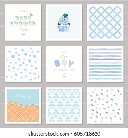 Boy baby shower templates seamless patterns set in pastel blue. Also can be used for birthday greeting cards, kids clothes, bakery, notebook cover design.