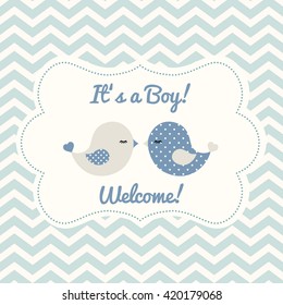 Boy baby shower with two cute blue birds on abstract chevron background, vector illustration, eps 10