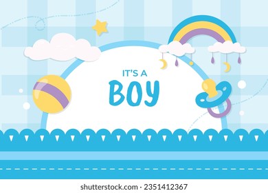 its a boy. It's a boy background. baby boy. gender reveal background. Vector Illustration. Poster, Banner, Greeting Card, Invitation Card. baby announcement concept. Baby is coming. Blue Background.