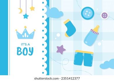 its a boy. It's a boy background. baby boy. gender reveal background. Vector Illustration. Poster, Banner, Greeting Card, Invitation Card. baby announcement concept. Baby is coming. Blue Background.