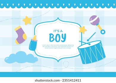 its a boy. It's a boy background. baby boy. gender reveal background. Vector Illustration. Poster, Banner, Greeting Card, Invitation Card. baby announcement concept. Baby is coming. Blue Background.